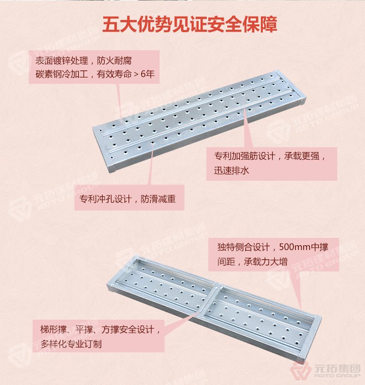 元拓  Q235江蘇熱鍍鋅鋼跳板 船用鋼踏板 五大優(yōu)勢見證安全保障，表面鍍鋅處理，防火耐腐，碳素鋼冷加工，壽命大于6年，加強筋設計，專業(yè)沖孔，防滑設計，